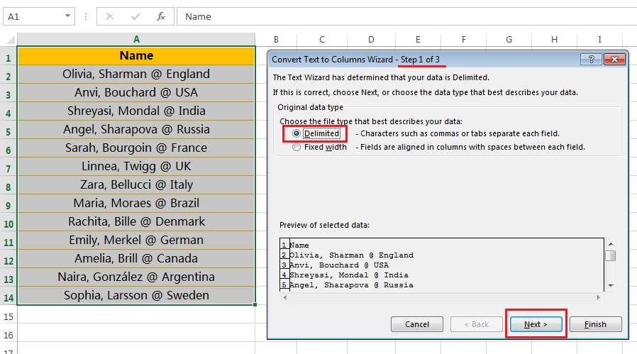 Text to Columns (Split Names and Country Names)-2