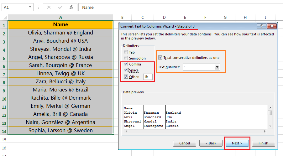 Text to Columns (Split Names and Country Names)-3