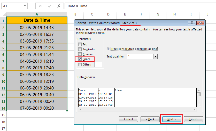 Text to column (Split Date and Time having delimiter space)-3