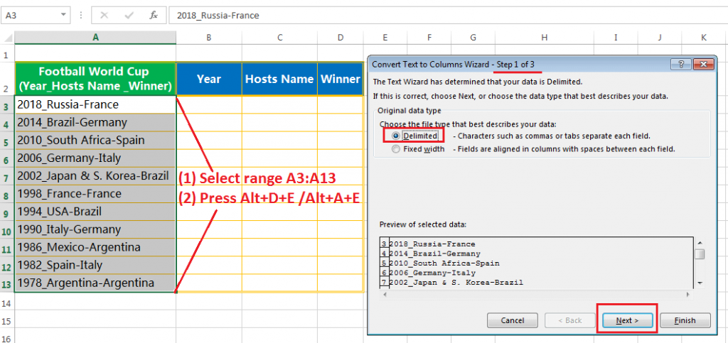 Text to column (Split text into Years, Hosts Name & Winner Team having delimiter hyphen and underscore)-1