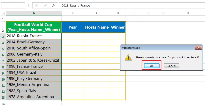 Text to column (Split text into Years, Hosts Name & Winner Team having delimiter hyphen and underscore)-4