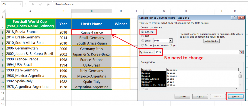 Text to column (Split text into Years, Hosts Name & Winner Team having delimiter hyphen and underscore)-7