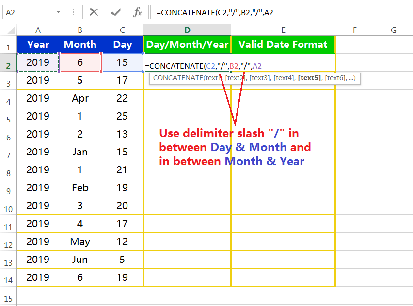 Text to column(Join days, months and years to form valid date formats)-2