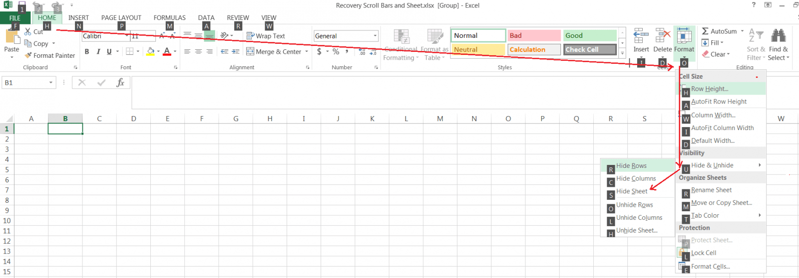 Tabblad(en) verbergen met Excel-snelkoppeling