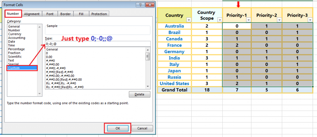 Steps of Hide Zero Values in Excel by the 'Format Cells' Window