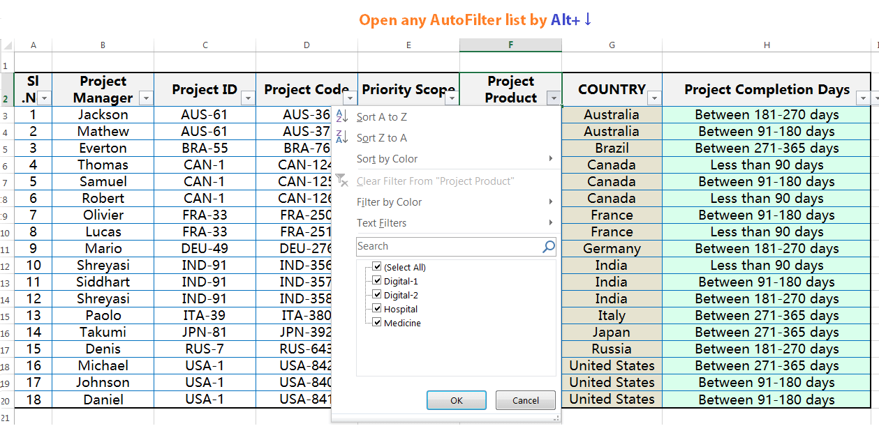 Alt+↓ (Display AutoFilter drop down list)