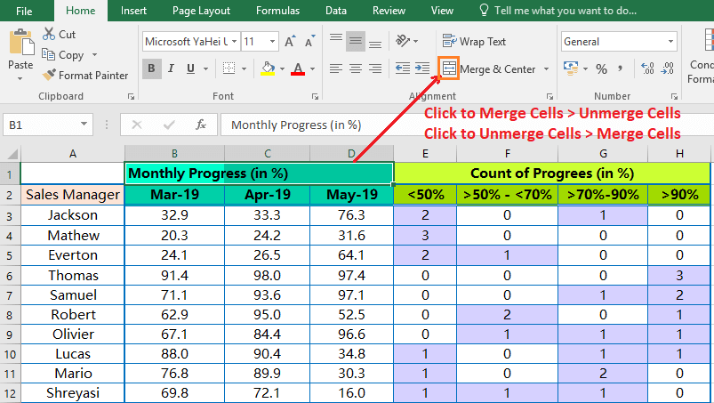 Unmerge Cell in Excel Using the Format Cells dialog box