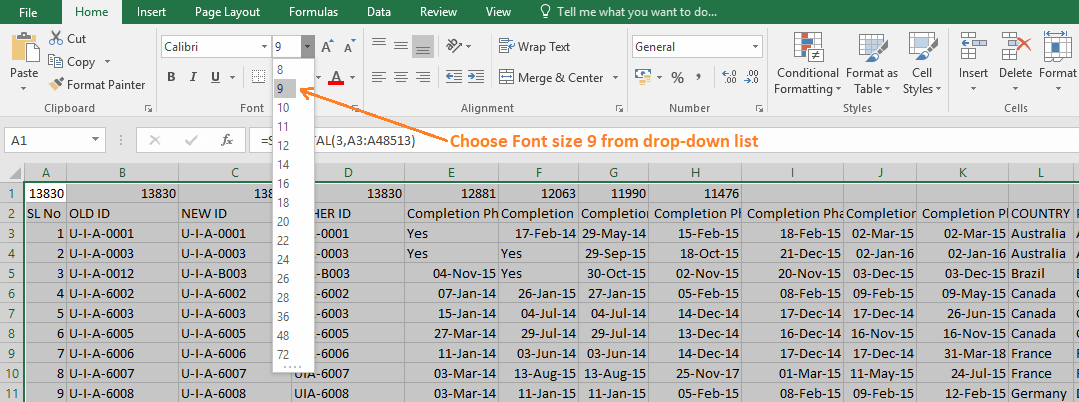 Reduce Excel File size-10 (Use Font Size Drop-down box)