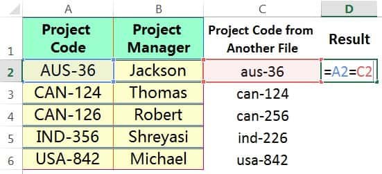 COMPARE TWO COLUMNS IN EXCEL ➢ USING SIMPLE LOGICAL FORMULA (CASE INSENSITIVE)_1