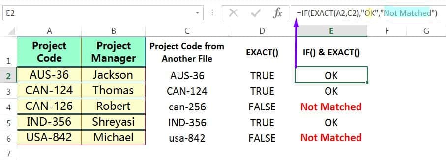 COMPARE TWO COLUMNS IN EXCEL ➢ USING THE EXACT FUNCTION (CASE SENSITIVE)_3