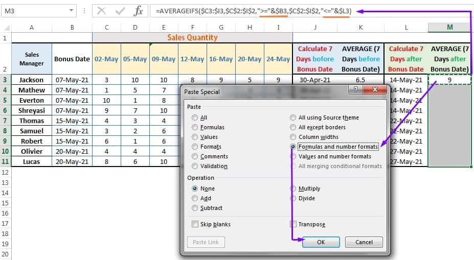 To Calculate Average Sales Pre- and Post from Bonus Date by Using Excel AVERAGEIFS Function_6